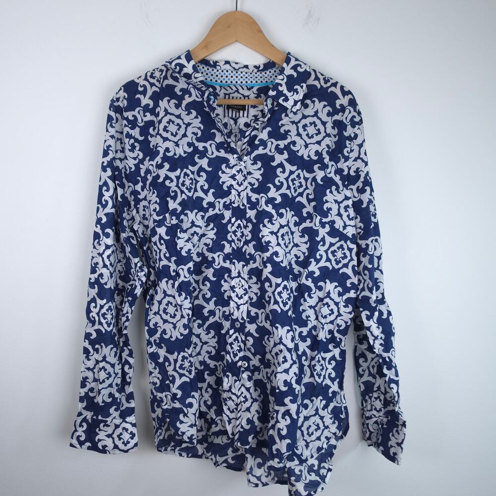 Talbots NEW Blue White Damask Long Sleeve Button Up Top Size Extra Large